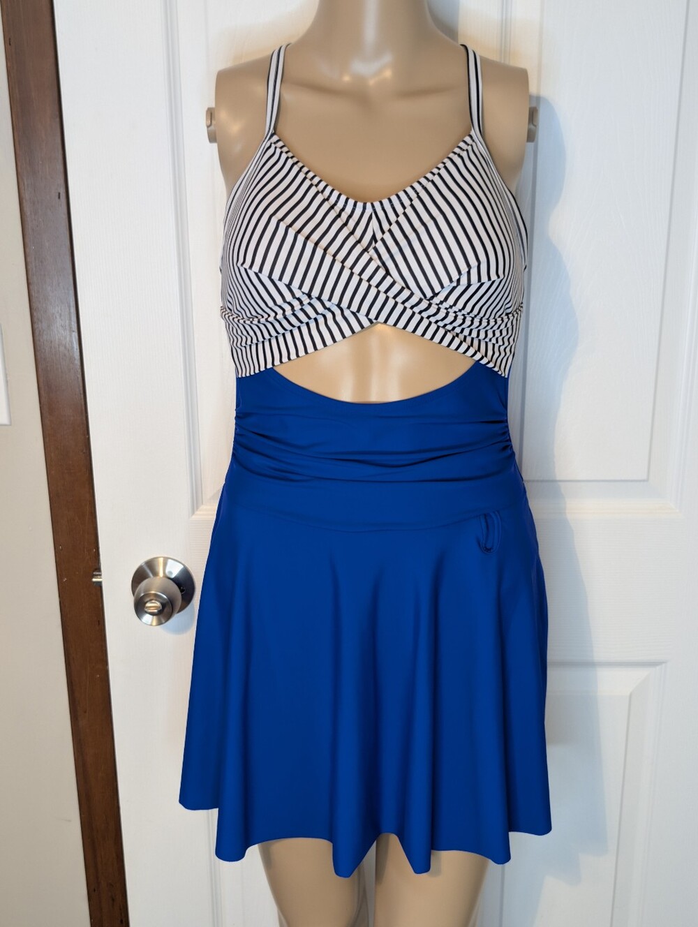 Skater Style Cutout Swimdress w/Black & White Striped Top Royal Blue Skirt